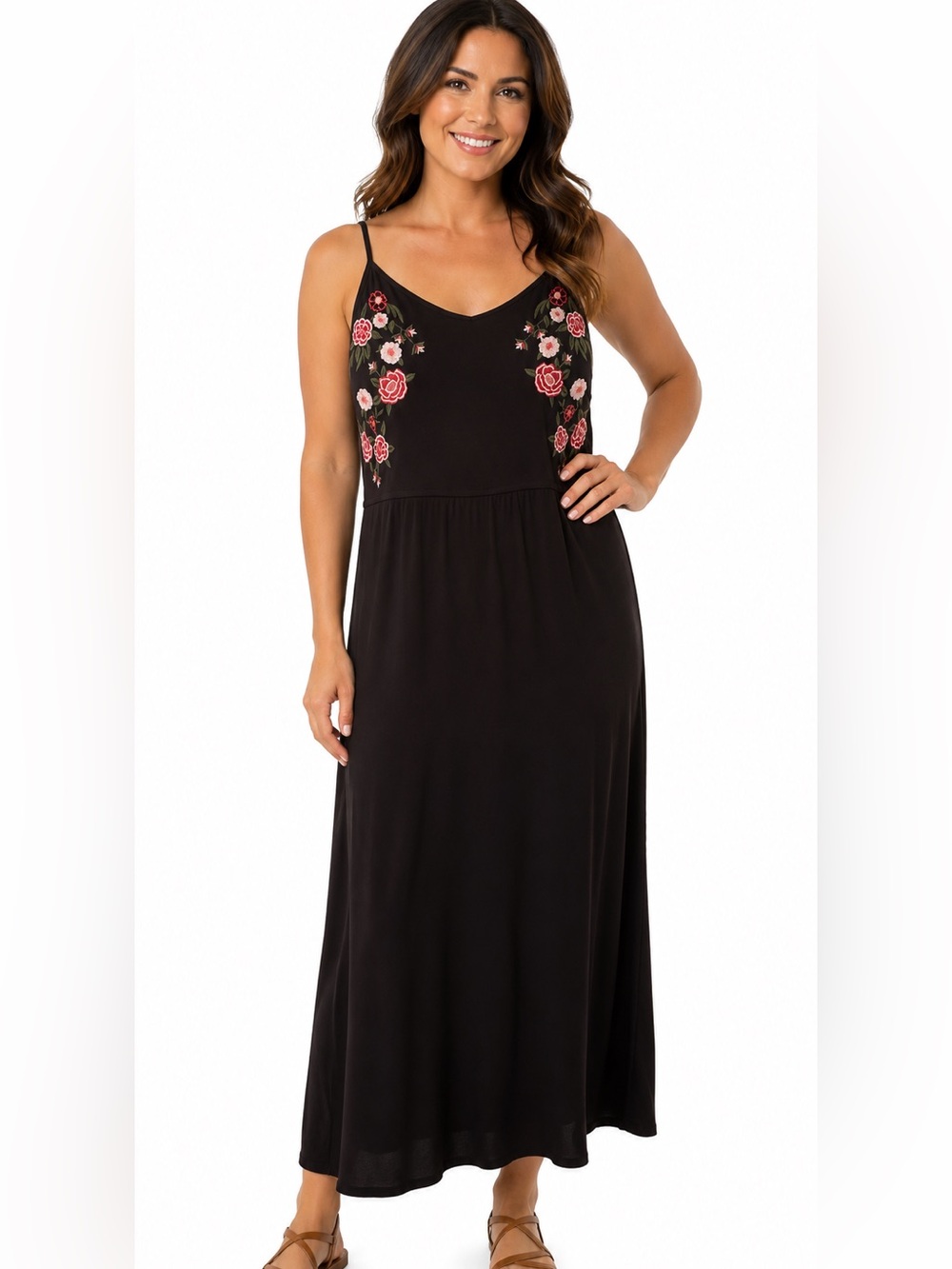 Embroidered Floral Maxi Dress Lined Adjustable Spaghetti Straps Flowy Sz XL
